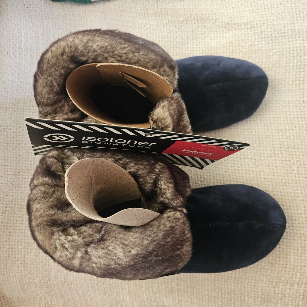 Isotoner Black Faux Suede Slipper Boots with Brown Faux Fur Cuff. 9.5-10.5 XL